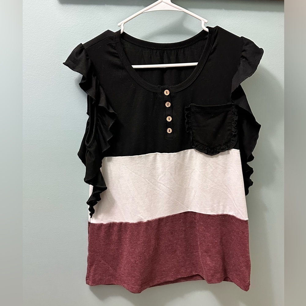 Women's Color Block Short Sleeve Ladies Pocket T-Shirt ruffles size medium - Picture 2 of 7